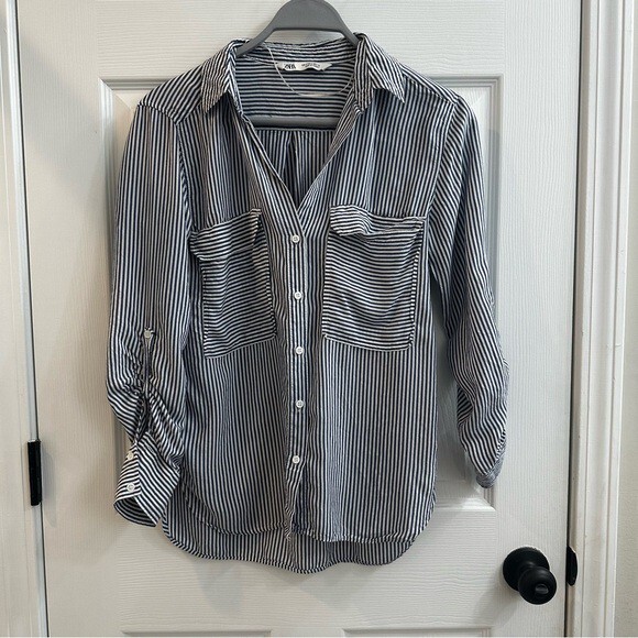Zara women's navy blue and White Striped Button-Up Shirt size small - Picture 1 of 7
